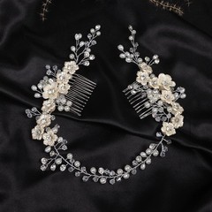 Bridal White Flowers Crystal Pearl Hair Comb Silver Accessories Wedding Women