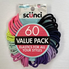 Elastic Hair Ties Scunci 12035 No Damage 60 Ct Multicolor Pink Purple Blue Black
