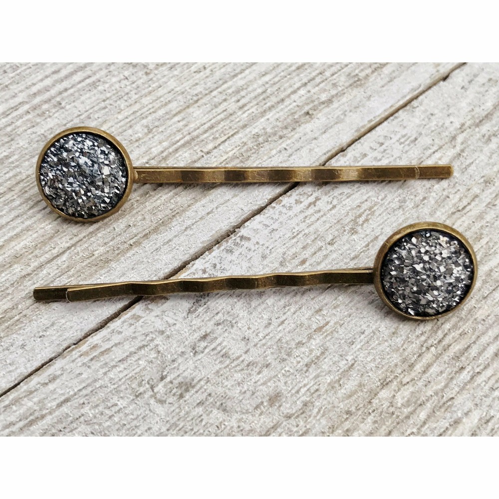 Gray Druzy Hair Pins, Summer Hair Pins, Glitter Hair Clips, Womans Hair Pins, Wo