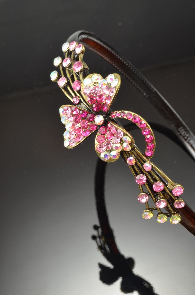 Antique Gold Flower Decor Metal PINK Color Light Pink Crystal Hair Band Headband