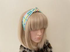 Pastel Rainbow Plaid checekered print top knot headband rockabilly retro vintage