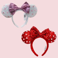 Disney` Parks Valentine’s Day Headband White Pink Heart Minnie Ears Sequins Bow