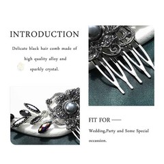 Black Wedding Hair Comb Silver Rhinestone Bridal Piece Crystal Evening