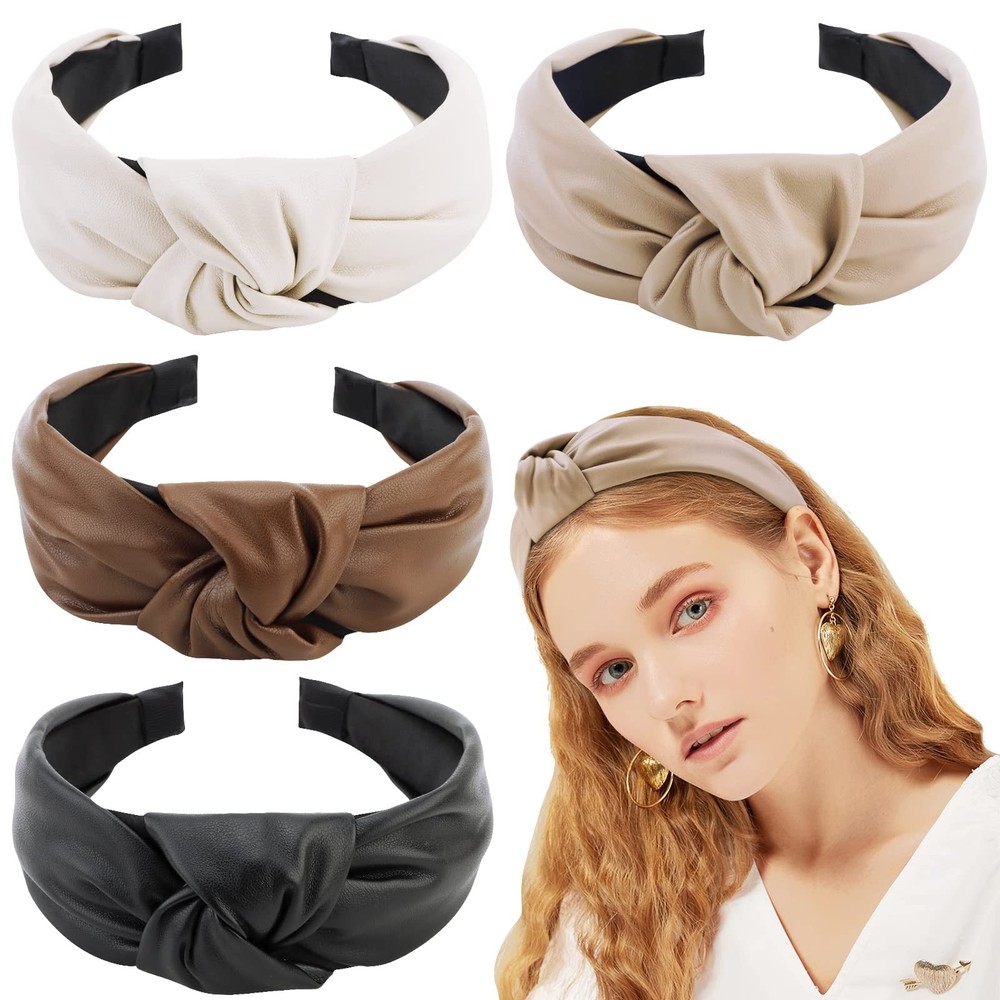 Leather Headbands for Women Knotted PU Hairbands Set 4 Pack