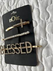 nOir Gold-Tone Hair Pin Barretts Rhinestones & Pearls Cross ‘BLESSED’ NWT