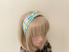 Pastel Rainbow Plaid checekered print top knot headband rockabilly retro vintage
