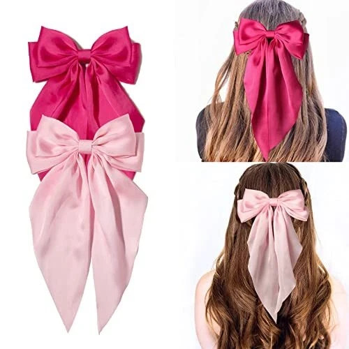2 Piece Satin Stylish Bow Big Ribbon Hair Clip Tie All Hair Types Non Slip