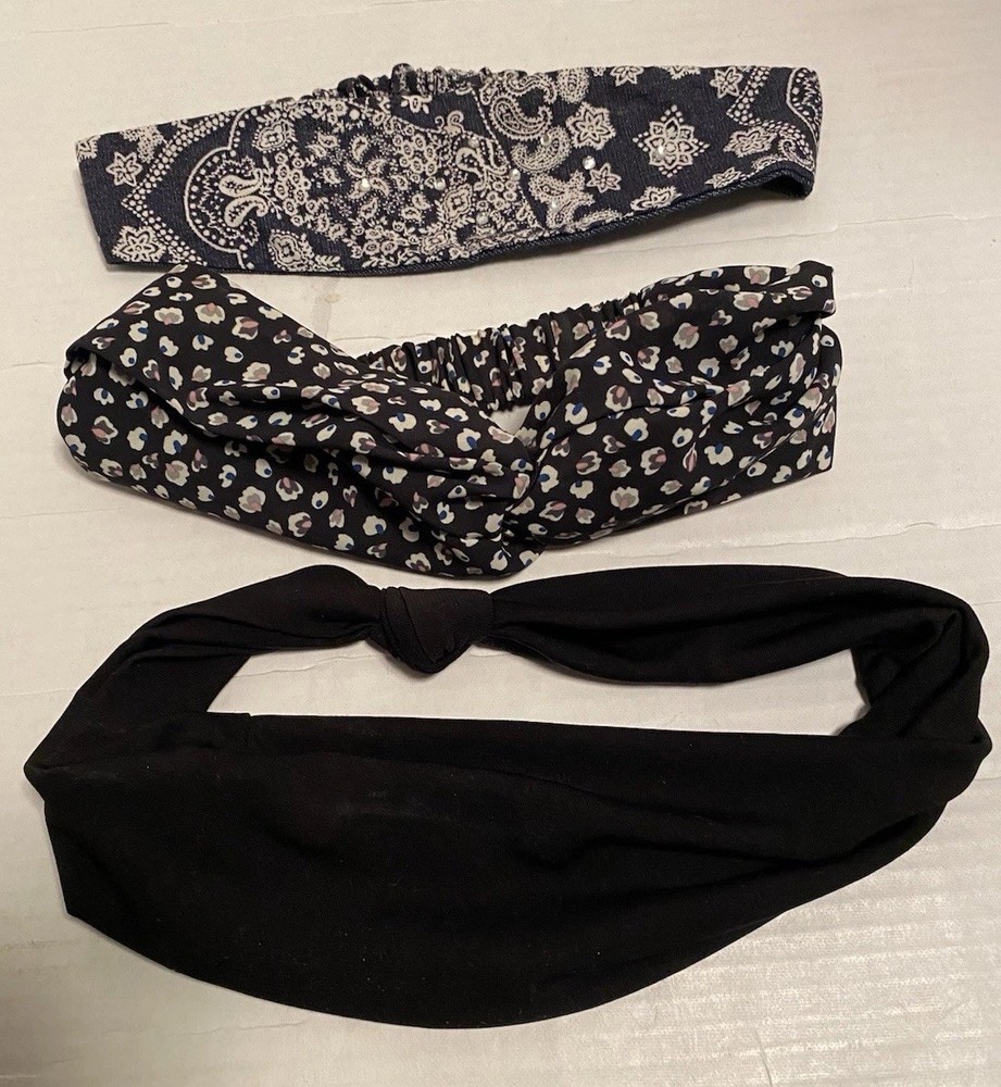 Lot Of 3 Hairbands/ Headbands Bandanna, Solid, Geometric Patterns Boho Preppy