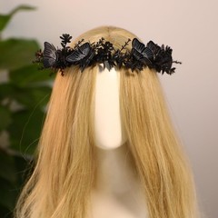 Handmade Black Flower Butterfly Crown – Gothic Elf Headpiece, Fairy Floral Headb