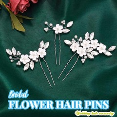 Flower Bride Wedding Hair Pins Silver Crystal Bridal Pearl Pieces 3 PCS Set