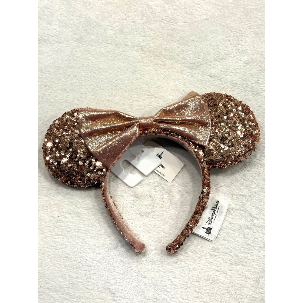 Disney Parks Minnie Mouse Rose Gold Sequin Ear Headband Metallic Bow NWT