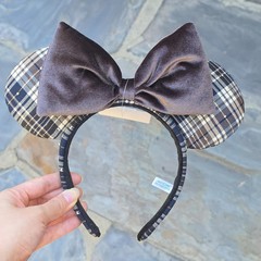 Japan Tokyo Disney Brown Plaid Velvet Bow Minnie Mouse Ears Headband New