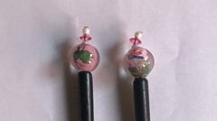 Hand crafted black wood hair sticks with glass bead with floral scene OOAK
