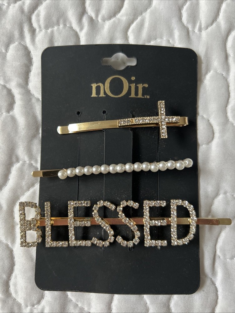 nOir Gold-Tone Hair Pin Barretts Rhinestones & Pearls Cross ‘BLESSED’ NWT