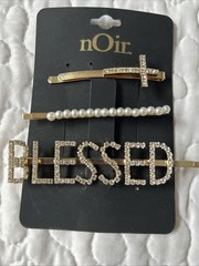 nOir Gold-Tone Hair Pin Barretts Rhinestones & Pearls Cross ‘BLESSED’ NWT