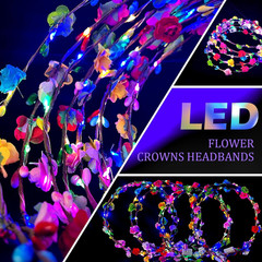 50 Pcs LED Flower Crowns Headbands,Flower Crowns for Women,Mardi Gras Light up H