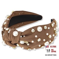 Atoden Pearl Headband Knotted Rhinestone Headbands Wide Top Knot Brown