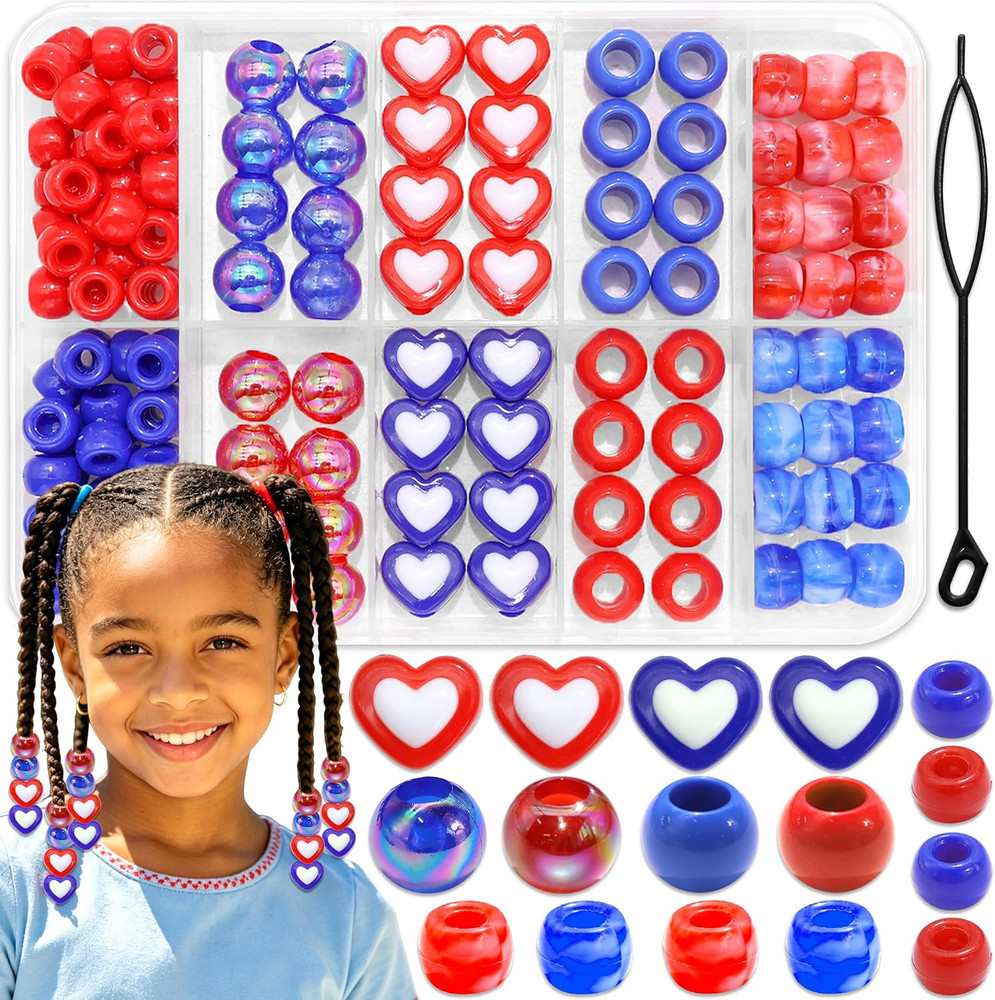 NAISKA 132PCS 4Th of July Hair Beads Royal Blue Red Beads for Hair Patriotic Bea