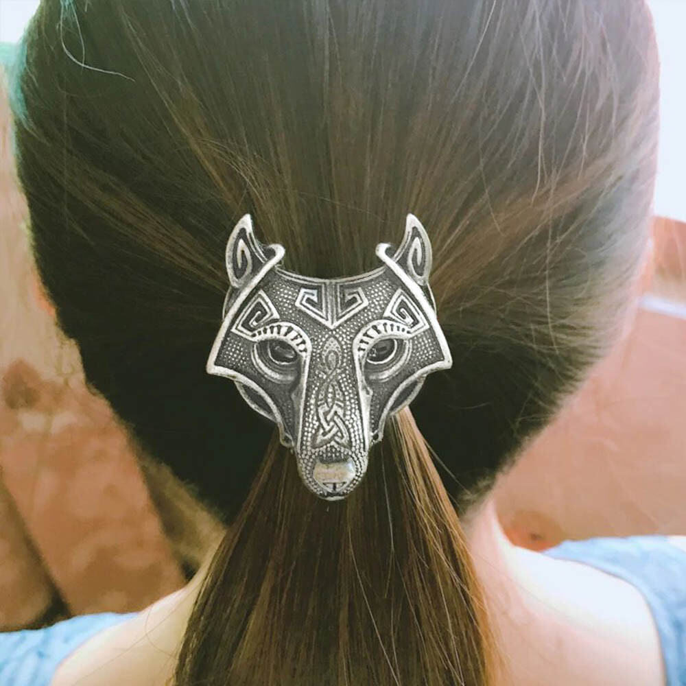 Antique Silver Tone Viking Wolf Elastic Hair Band Ponytail Holder For Women