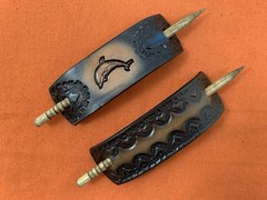 2 Leather Hair Barrettes w Sticks, Ponytail, Narrow Dolphin, Handcrafted #359