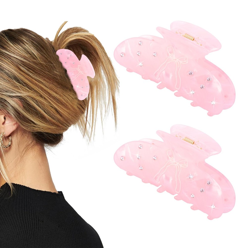 Vovii 2Pcs Pink Bow Claw Clips for Women, Cute Stylish Acrylic Hair