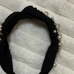 Black Fabric Knotted Headband Faux Pearl Beaded Accents Solid Womens