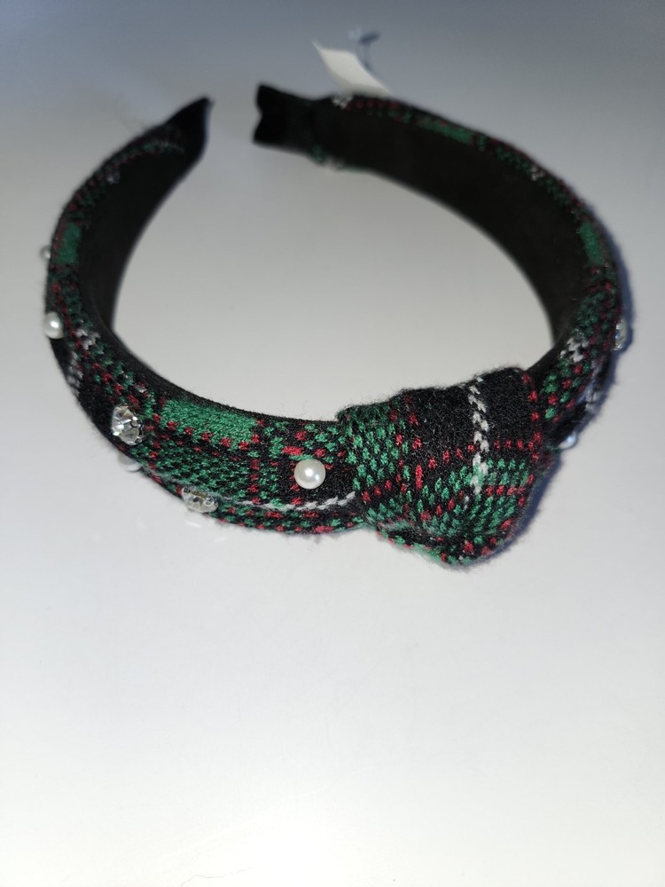 Green Plaid Flannel With Knot Headband Womens Girls With Faux Pearls And Bling
