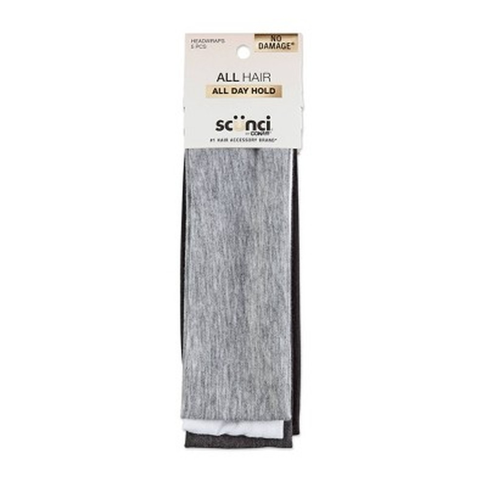 scünci No Damage Stretch Fabric Headbands – Black/White/Gray – 5pcs