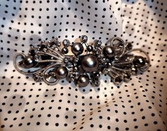 Two (2) Vintage Hair Barrettes with Gray Faux Pearls and Rhinestones