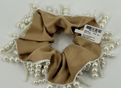 NEW ICING Claires Beige Scrunchie Faux Pearl Bead Fringe Dangle Hair Accessory