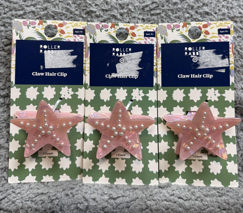 3x Roller Rabbit Claw Hair Clip Womens One Size Pink Star Pearl Beaded