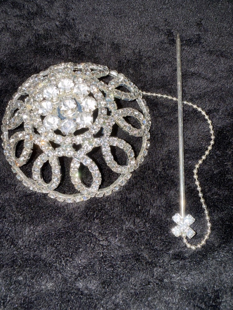 Rhinestone Floral Flower Hair Pin, Silver Tone Metal, Clear Accents Women