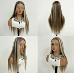 Long Straight T Part Lace Front Wigs Mix Brown Blonde Highlight Synthetic Wig