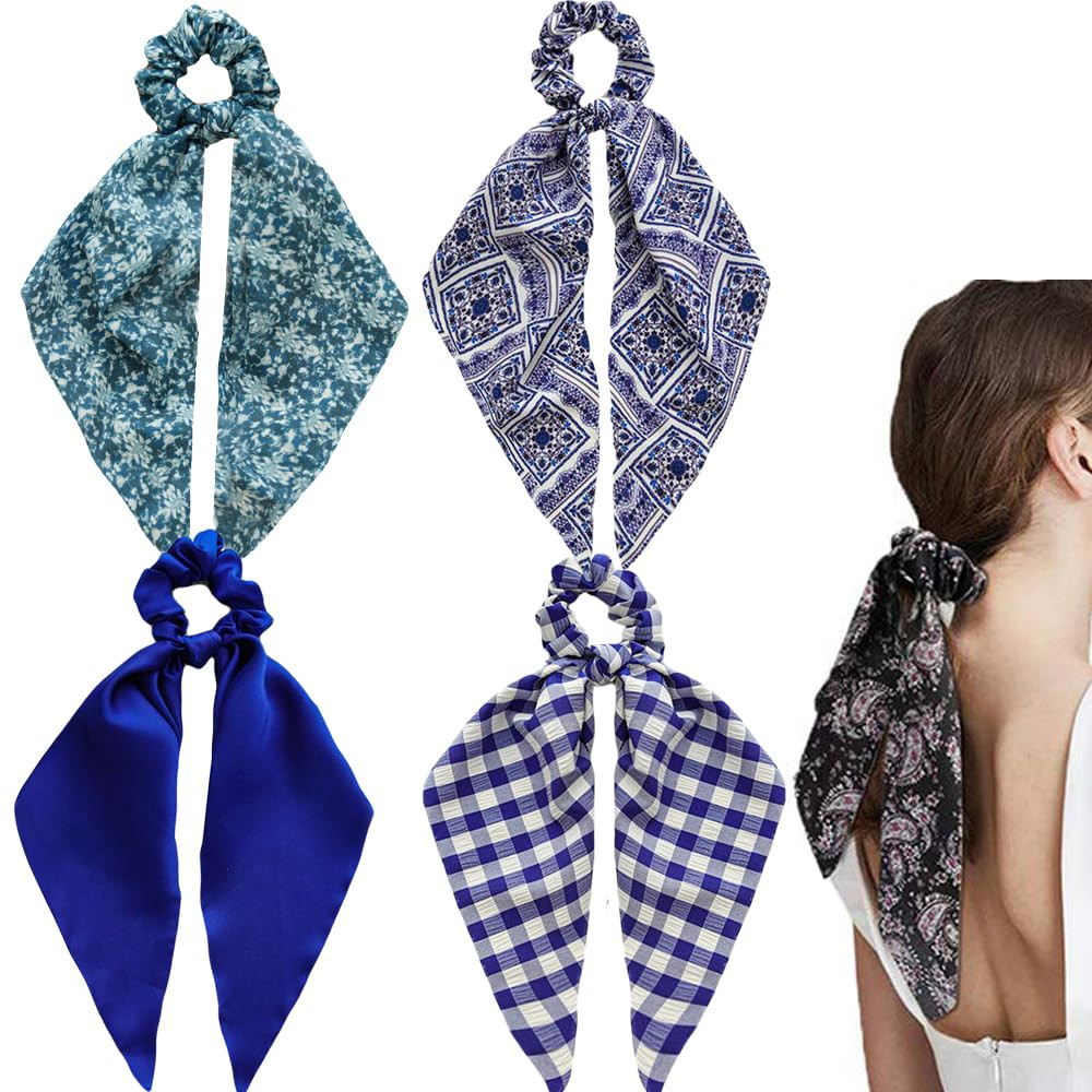 Blue Hair Scarf Scruncheis for Women Girls, Bowknot Scrunchies for Hair, Chiffon