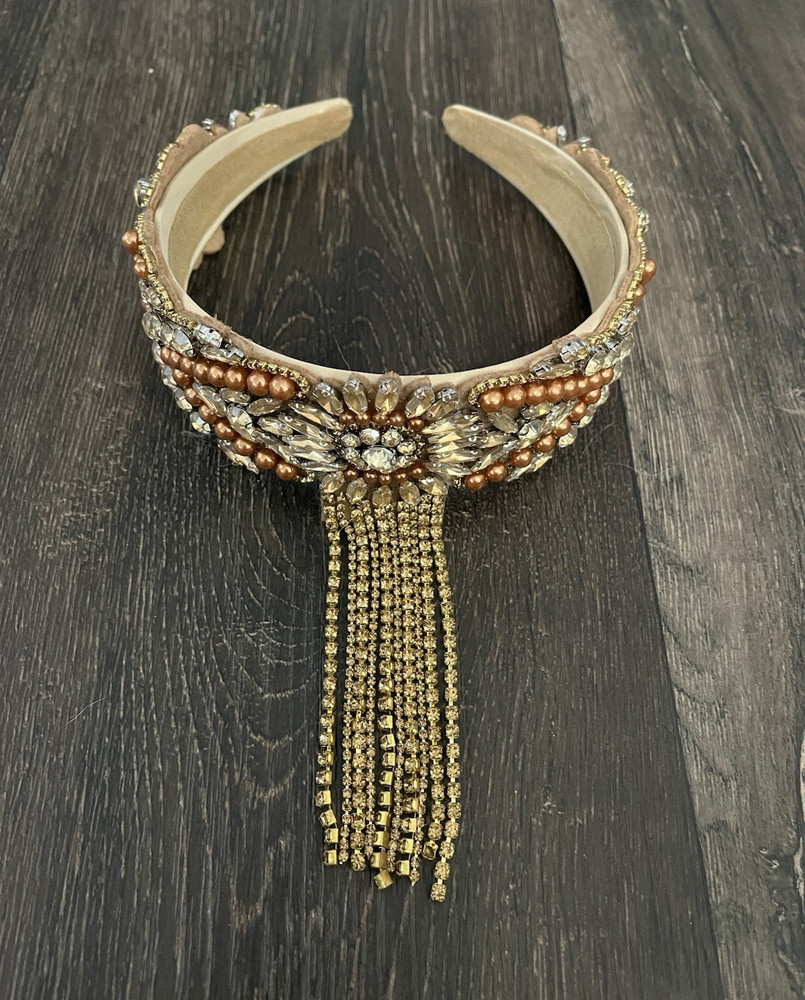 Rhinestone Beaded Headband Gold Silver Brown Tassel Dangle Fringe Women
