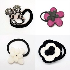 4 PCS Hair Ties Rhinestone Pink Black White Flower Handmade Ponytail Holder