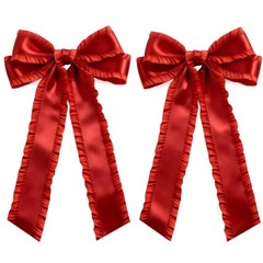 2 PCS Red 5.5 Inch Double Layer Ruffle Large Silk Ribbon Long Tail Hair Bows