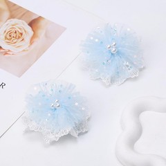 2 PCS 3.5 Inch Blue Lace Pearl Bow Clips Grosgrain Ribbon Alligator Clips