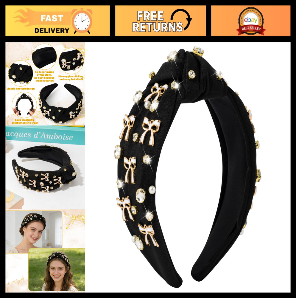 Jeweled Black Knotted Headband – Rhinestone Pearl Wide Hairband for Women, Girls