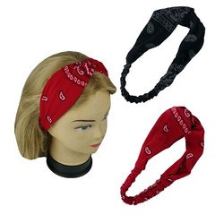 2 Black & Red Bandanna Print Headband Women’s Yoga Hair Wrap Paisley w/Elastic