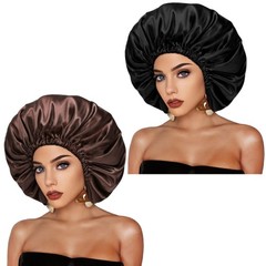 Satin Bonnet Silk Hair Cap: 2pcs Double Layer X-Large, Black+coffee