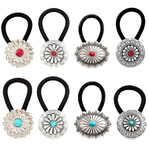 8PCS Vintage Western Style Circular Hair Ties, Metal Boho Button Ponytail