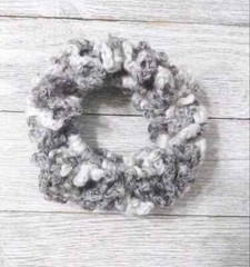 handmade crochet womans hair scrunchie pony tail holder brown white