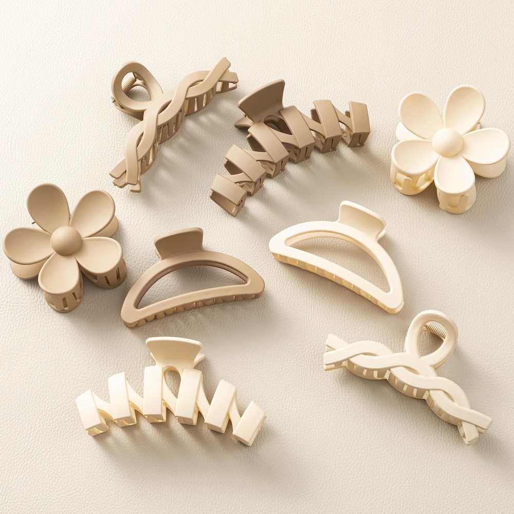 8 PCS Multi Style Flower Flat Hair Claw Clip Neutral Color Variety Pack Girls