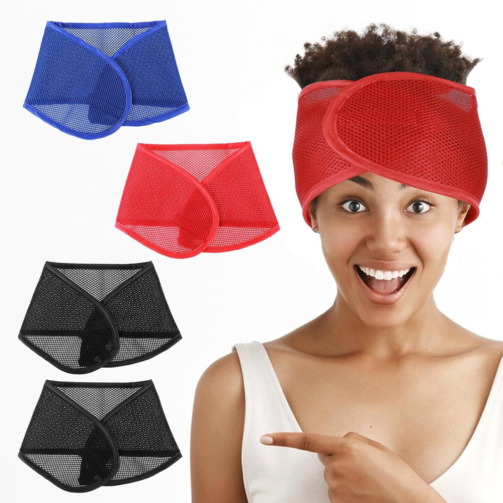 4pcs Mesh Hair Wraps – Adjustable Sleep & Spa Headbands for Women, Black Red Blu