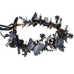 Handmade Black Flower Butterfly Crown – Gothic Elf Headpiece, Fairy Floral Headb