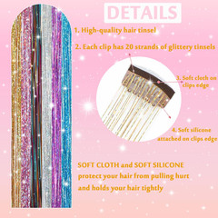 Hair Tinsel Clip in Pack of 12 Pcs Glitter Tinsel Hair Extensions 24 Inch Clip i