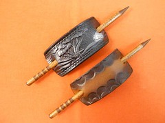 2 Leather Hair Barrettes w Sticks, Ponytail, White Rabbit, Hand Crafted #105