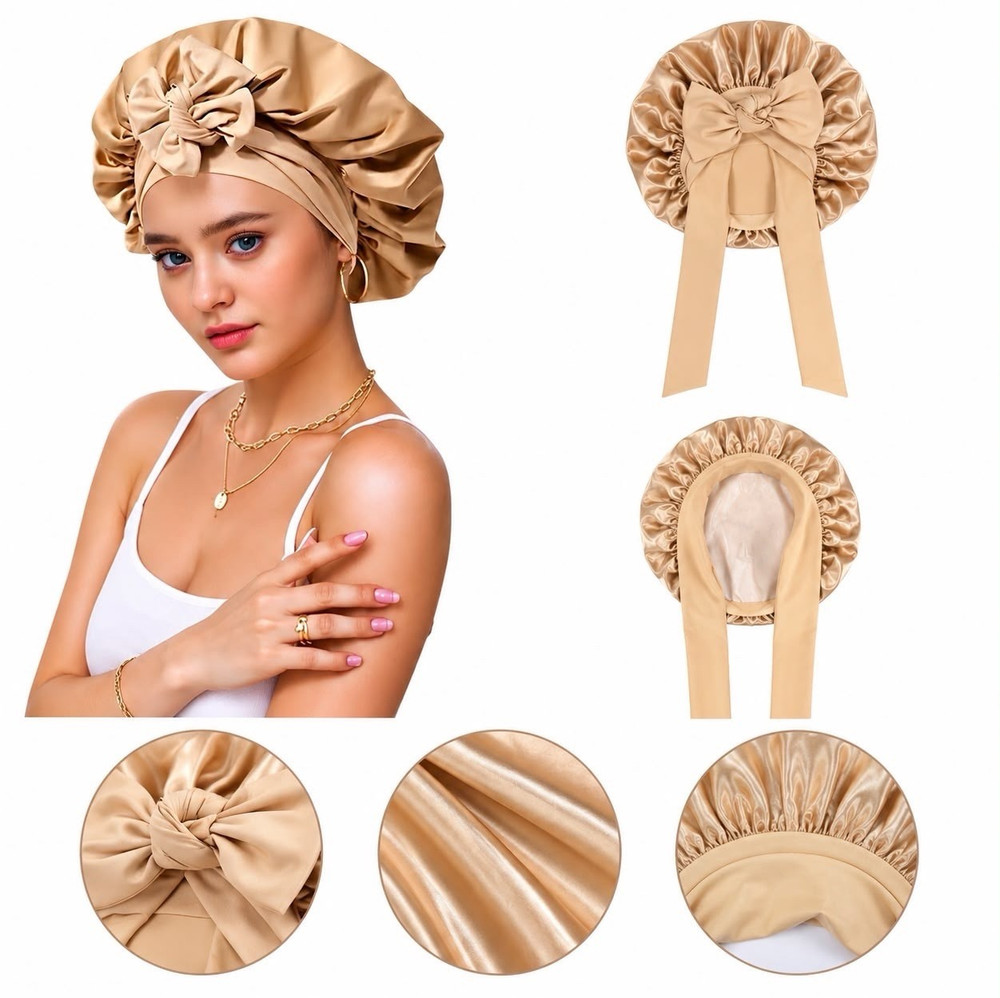 Women’s Satin Sleepwear Bonnet Cap Adjustable Bow, Solid Beige, All Hair Types