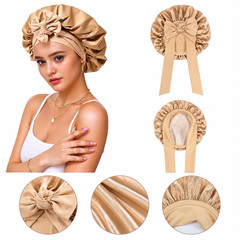 Women’s Satin Sleepwear Bonnet Cap Adjustable Bow, Solid Beige, All Hair Types